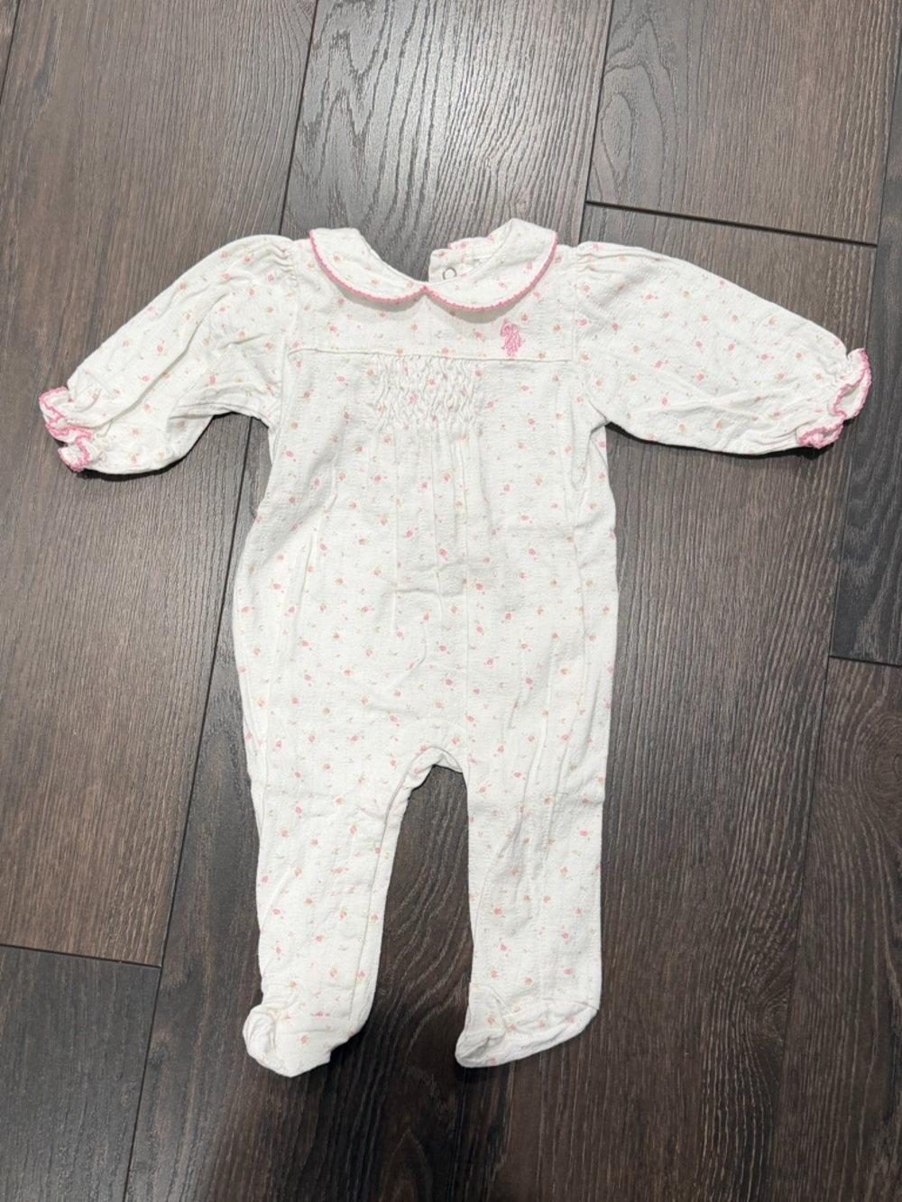 Polo White and Pink Floral Onesie - 6-9 Months
